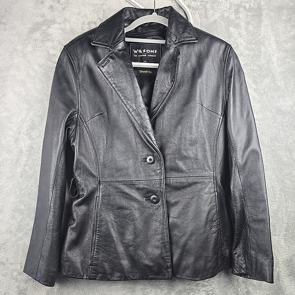 Wilsons Leather Jacket Womens Size Small Black Button Up Blazer Lined Pockets